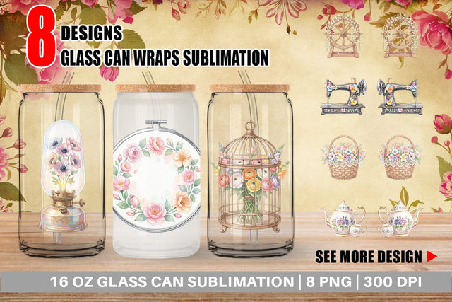 Glass Can Vintage Tools And Floral Watercolor Sublimation artnoy 