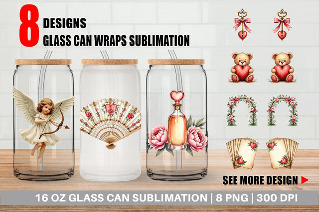 Glass Can Vintage Valentine Ephemera Watercolor Sublimation artnoy 