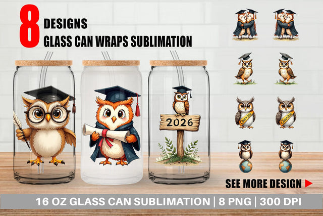 Glass Can Vintage Watercolor Graduation Owls Sublimation artnoy 