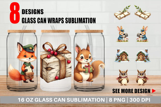 Glass Can Vintage Woodland Christmas Post Office Watercolor Sublimation artnoy 