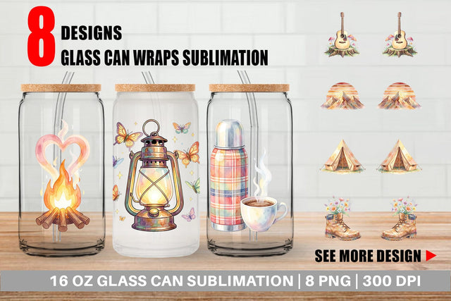Glass Can Watercolor 70s Retro Camping Adventure Sublimation artnoy 