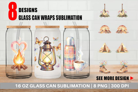 Glass Can Watercolor 70s Retro Camping Adventure Sublimation artnoy 