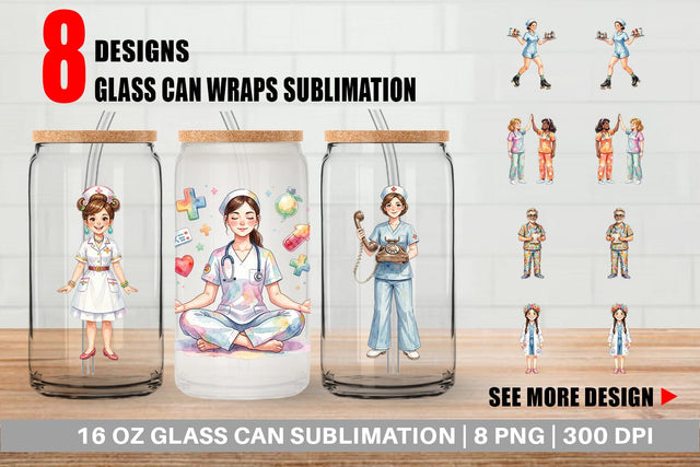 Glass Can Watercolor 70s Retro Nurse Characters Sublimation artnoy 