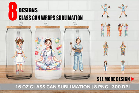 Glass Can Watercolor 70s Retro Nurse Characters Sublimation artnoy 