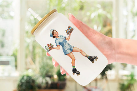 Glass Can Watercolor 70s Retro Nurse Characters Sublimation artnoy 