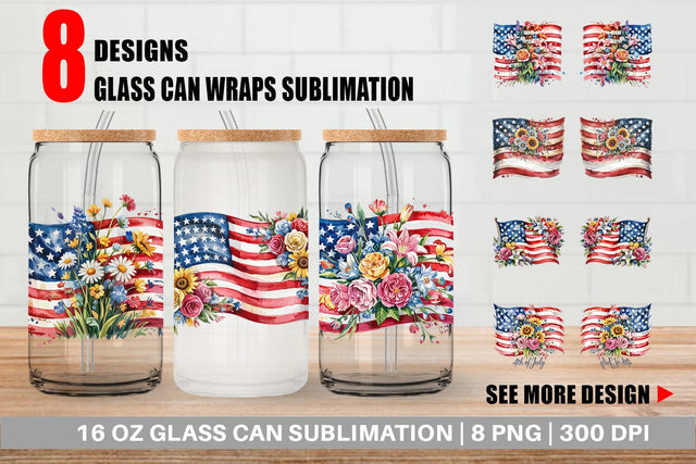 Glass Can Watercolor American Flag Floral Sublimation artnoy 