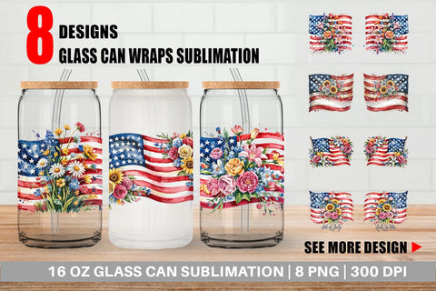 Glass Can Watercolor American Flag Floral Sublimation artnoy 