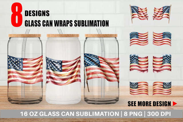 Glass Can Watercolor American Flag Sublimation artnoy 