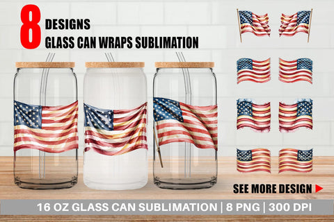Glass Can Watercolor American Flag Sublimation artnoy 