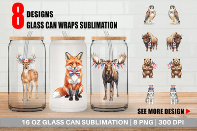 Glass Can Watercolor American Wildlife Patriotic Sublimation artnoy 