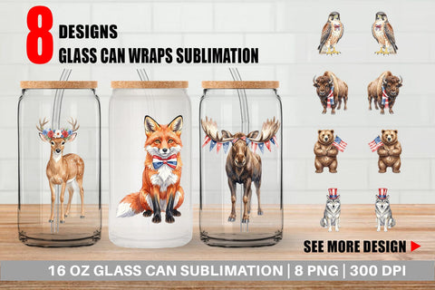 Glass Can Watercolor American Wildlife Patriotic Sublimation artnoy 