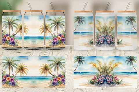 Glass Can Watercolor Beach Scene Sublimation artnoy 