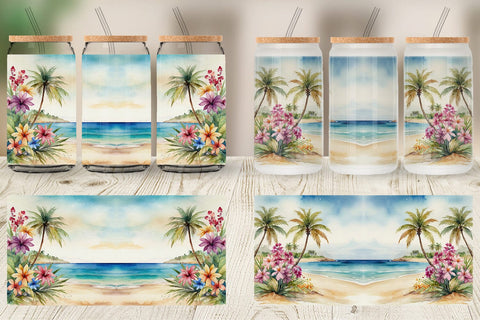 Glass Can Watercolor Beach Scene Sublimation artnoy 