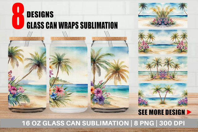 Glass Can Watercolor Beach Scene Sublimation artnoy 