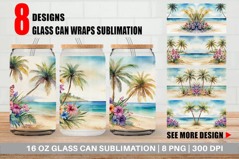 Glass Can Watercolor Beach Scene Sublimation artnoy 