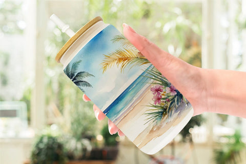 Glass Can Watercolor Beach Scene Sublimation artnoy 
