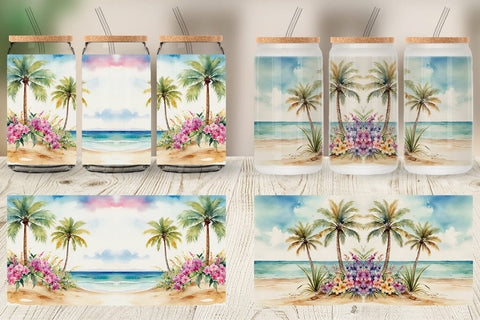 Glass Can Watercolor Beach Scene Sublimation artnoy 