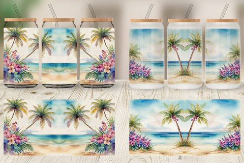 Glass Can Watercolor Beach Scene Sublimation artnoy 