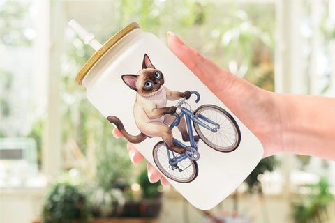 Glass Can Watercolor Big Eye Cat Cyclist Art Sublimation artnoy 