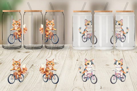 Glass Can Watercolor Big Eye Cat Cyclist Art Sublimation artnoy 