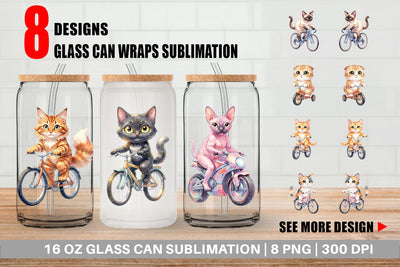 Glass Can Watercolor Big Eye Cat Cyclist Art Sublimation artnoy 
