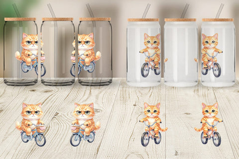 Glass Can Watercolor Big Eye Cat Cyclist Art Sublimation artnoy 