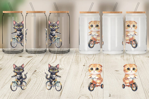 Glass Can Watercolor Big Eye Cat Cyclist Art Sublimation artnoy 