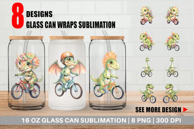 Glass Can Watercolor Big Eye Dinosaur Biking Art Sublimation artnoy 