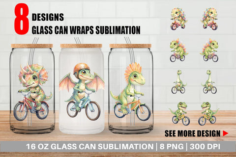 Glass Can Watercolor Big Eye Dinosaur Biking Art Sublimation artnoy 