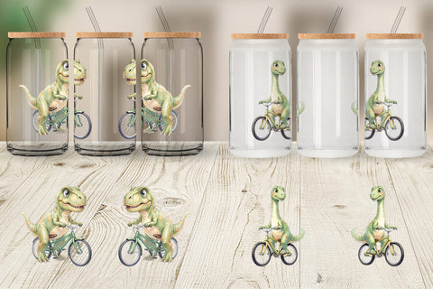 Glass Can Watercolor Big Eye Dinosaur Biking Art Sublimation artnoy 