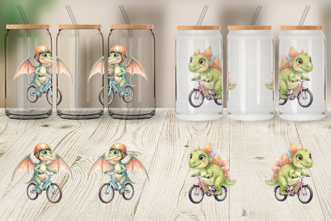 Glass Can Watercolor Big Eye Dinosaur Biking Art Sublimation artnoy 