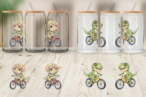 Glass Can Watercolor Big Eye Dinosaur Biking Art Sublimation artnoy 