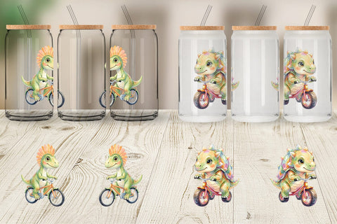 Glass Can Watercolor Big Eye Dinosaur Biking Art Sublimation artnoy 