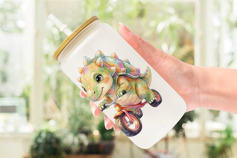 Glass Can Watercolor Big Eye Dinosaur Biking Art Sublimation artnoy 