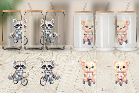 Glass Can Watercolor Big Eye Forest Friends Bike Sublimation artnoy 