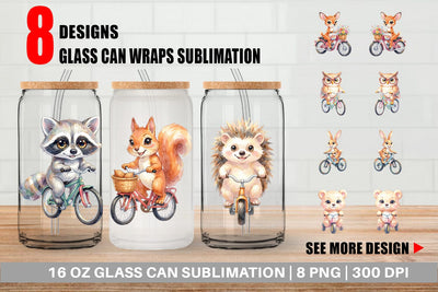 Glass Can Watercolor Big Eye Forest Friends Bike Sublimation artnoy 