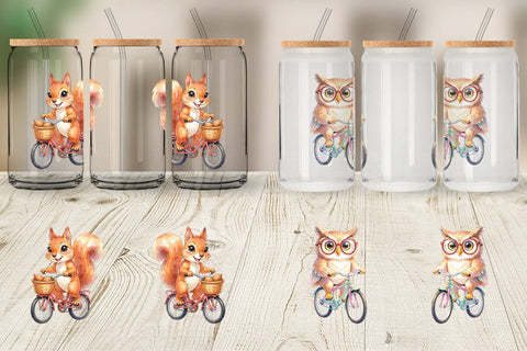 Glass Can Watercolor Big Eye Forest Friends Bike Sublimation artnoy 