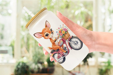 Glass Can Watercolor Big Eye Forest Friends Bike Sublimation artnoy 
