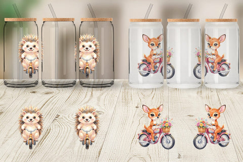 Glass Can Watercolor Big Eye Forest Friends Bike Sublimation artnoy 