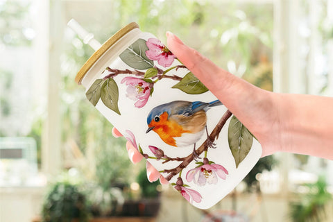 Glass Can Watercolor Bird Perched Sublimation artnoy 