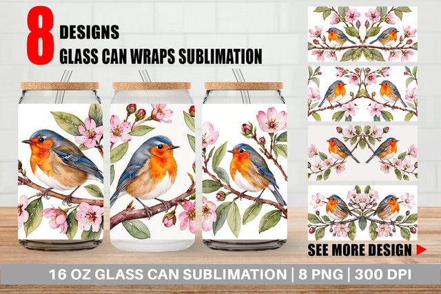 Glass Can Watercolor Bird Perched Sublimation artnoy 