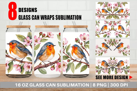 Glass Can Watercolor Bird Perched Sublimation artnoy 