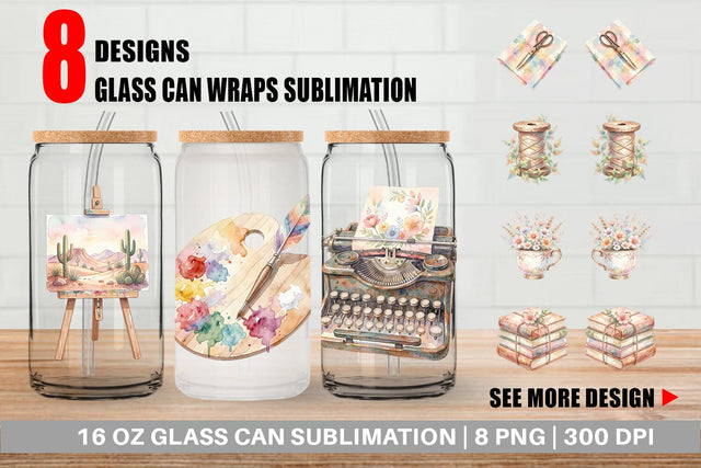 Glass Can Watercolor Boho Artistic Craft Ephemera Sublimation artnoy 