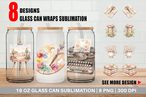 Glass Can Watercolor Boho Artistic Craft Ephemera Sublimation artnoy 