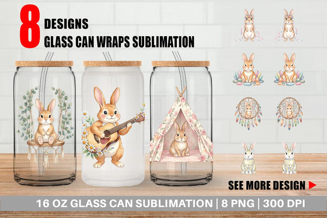 Glass Can Watercolor Boho Chic Easter Bunny Sublimation artnoy 