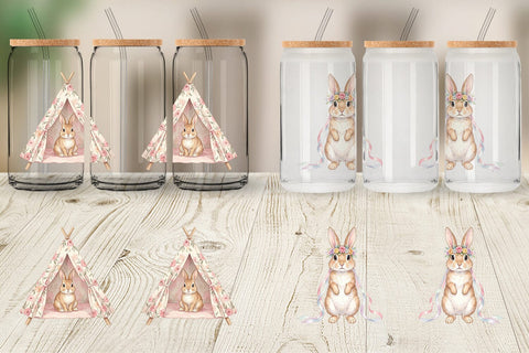Glass Can Watercolor Boho Chic Easter Bunny Sublimation artnoy 