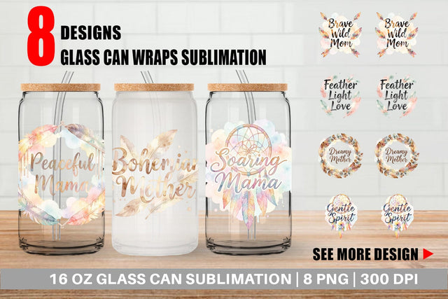 Glass Can Watercolor Boho Dreamcatcher Mama Quotes Sublimation artnoy 