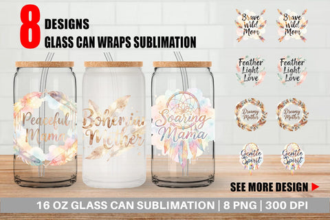 Glass Can Watercolor Boho Dreamcatcher Mama Quotes Sublimation artnoy 