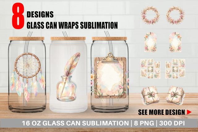 Glass Can Watercolor Boho Floral Junk Journal Art Sublimation artnoy 