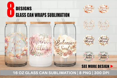 Glass Can Watercolor Boho Floral Mama Quotes Sublimation artnoy 